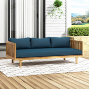Noble House Claremont 3-seater teak acacia wood daybed sofa with water-resistant cushions, suitable for outdoor lounging.