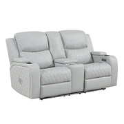 Elonzo - Power Motion Loveseat With Console, LED, Power Headrest & Speaker - Light Gray - R&R Furniture Gallery (Fountain Valley, CA)