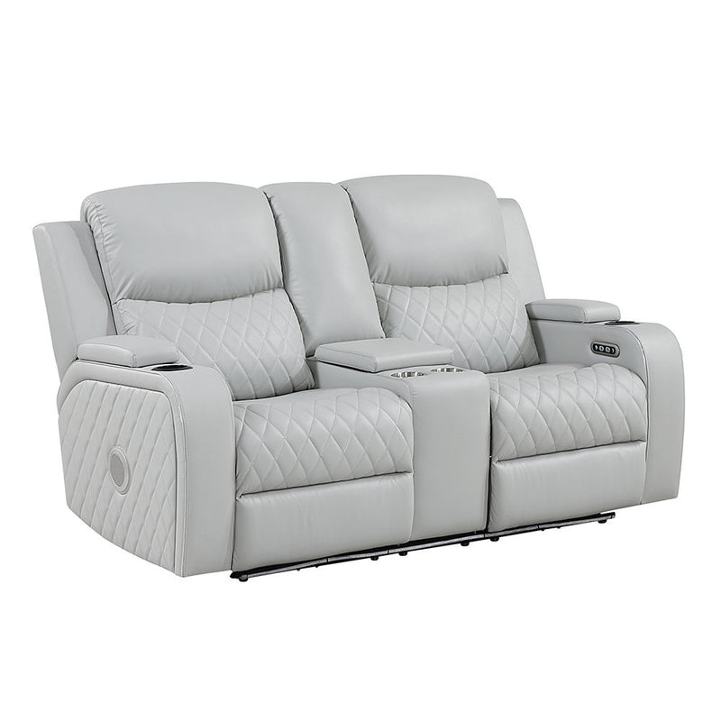 Elonzo - Power Motion Loveseat With Console, LED, Power Headrest & Speaker - Light Gray - R&R Furniture Gallery (Fountain Valley, CA)