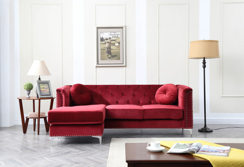 Glory Furniture soft micro suede stationary sectional sofa chaise with plush cushions and modern design, in a cozy living room setting.