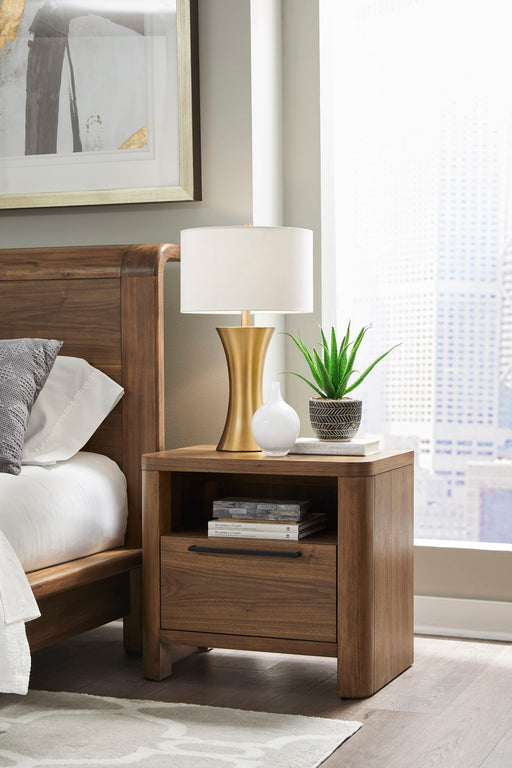 Modus Totes one drawer nightstand in rich English Walnut wood, showcasing a sleek standalone design with a single drawer and smooth finish.