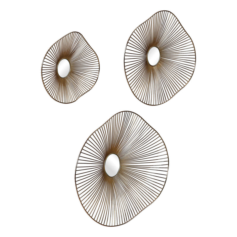 Set of three gold metal wall art pieces by Uttermost, modern decorative wall decor for home or office.