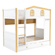 Dreamland bunk bed with house-shaped guardrails, storage shelves, and trundle bed, showcasing a cozy wooden sleeping space for kids.