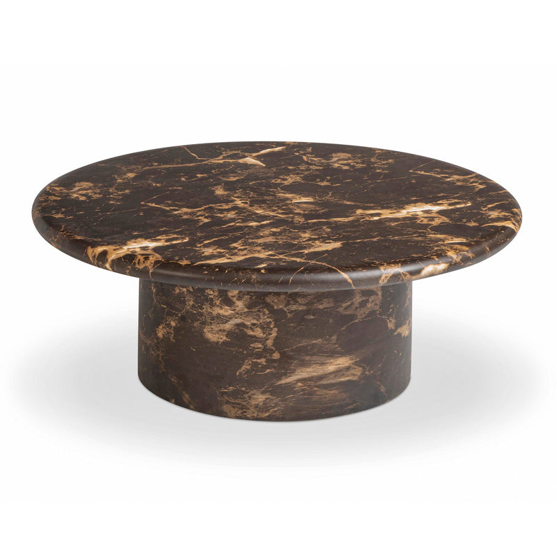 Dark brown TOV Furniture Byron round coffee table with sleek wooden finish and modern design on a neutral background.