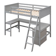 DreamHaus loft bed with integrated shelves and desk, featuring a sturdy frame, cozy sleeping area, and workspace underneath.