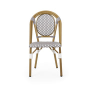 Outdoor rattan and aluminum French bistro chair set by Noble House, showing two stylish, weather-resistant chairs with cushions.