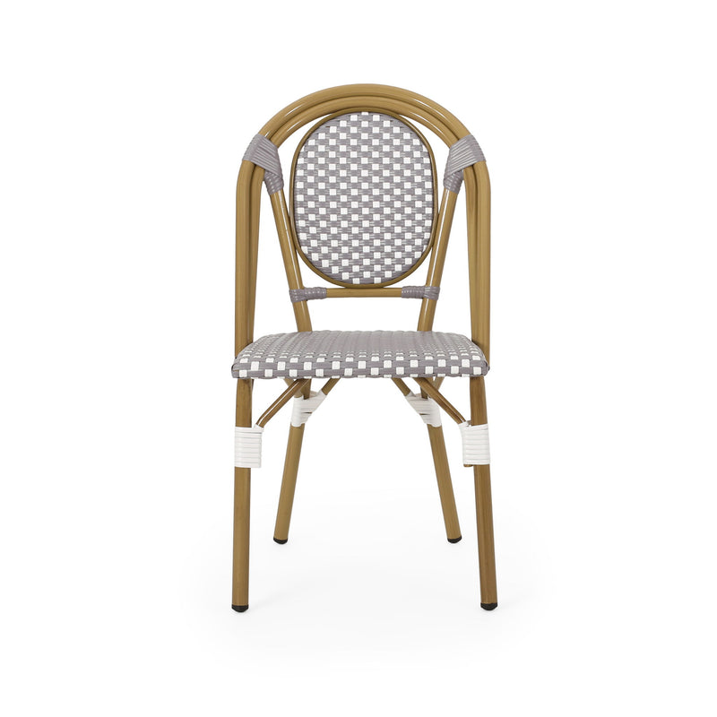 Outdoor rattan and aluminum French bistro chair set by Noble House, showing two stylish, weather-resistant chairs with cushions.