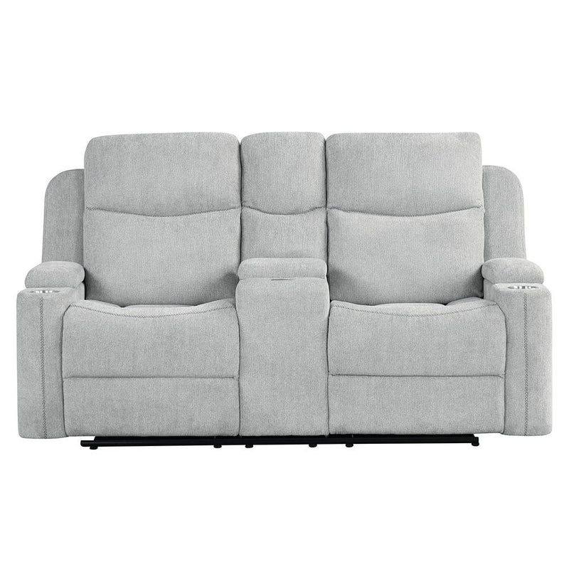 Galya - Motion Loveseat With Console - Light Gray Chenille - R&R Furniture Gallery (Fountain Valley, CA)