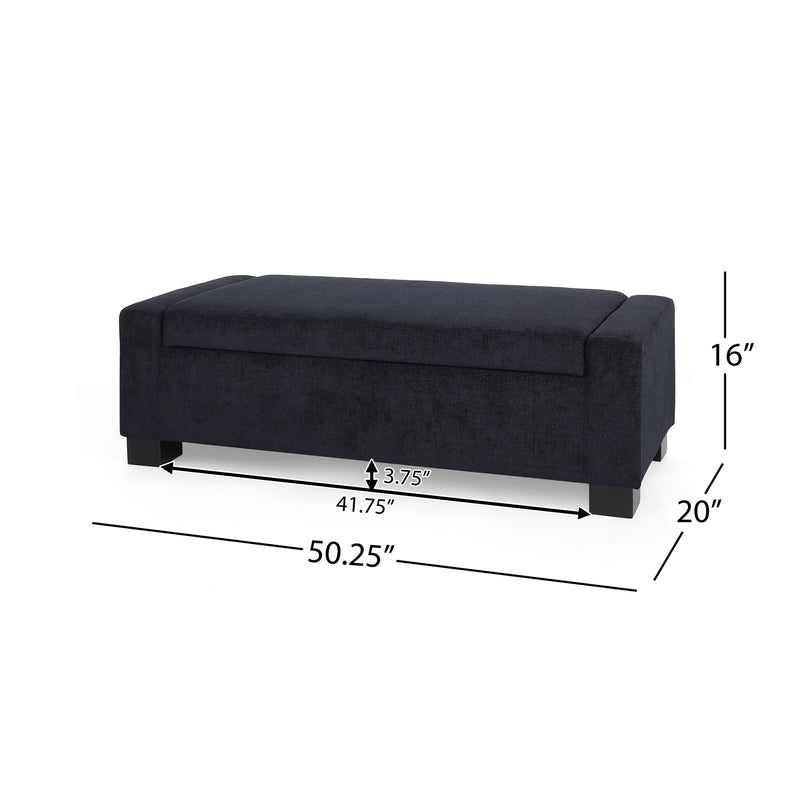 Noble House textured fabric ottoman bench with hinged lid, soft upholstery and sturdy wooden legs, ideal for living room decor.