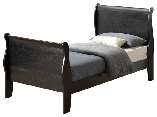 Glory Furniture Panel Sleigh Bed with curved headboard and footboard in a classic wooden finish, showcasing elegant craftsmanship.