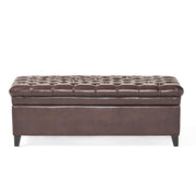 Noble House Juliana storage ottoman with birch wood legs, upholstered in neutral fabric, showing a cushioned top and storage space inside.