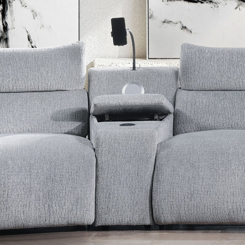 Fullar - Modular Console With Wireless Charger - Light Gary Chenille - R&R Furniture Gallery (Fountain Valley, CA)