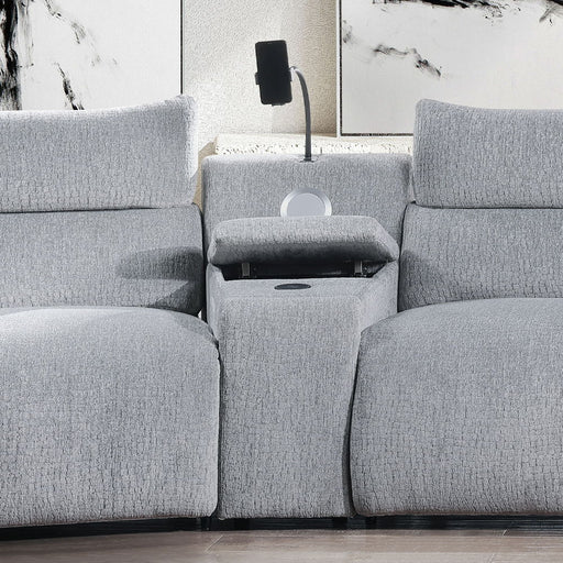 Fullar - Modular Console With Wireless Charger - Light Gary Chenille - R&R Furniture Gallery (Fountain Valley, CA)