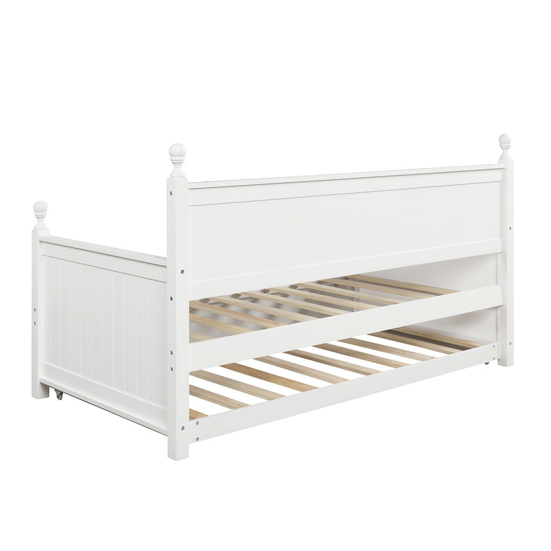 White DreamHaus twin size daybed with a matching twin size trundle, featuring a sleek, modern design for versatile bedroom use.