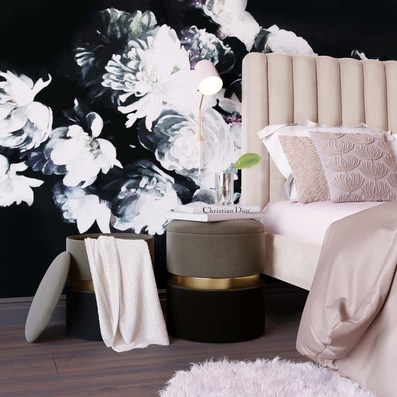 Pair of TOV Furniture Gigi storage ottomans with cushioned tops and wooden legs, ideal for living room or bedroom storage.