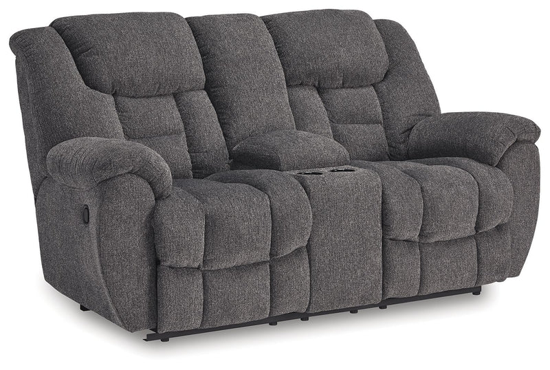 Foreside - Dbl Reclining Loveseat with Console - Charcoal - R&R Furniture Gallery (Fountain Valley, CA)