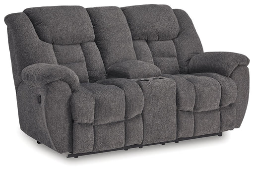 Foreside - Dbl Reclining Loveseat with Console - Charcoal - R&R Furniture Gallery (Fountain Valley, CA)