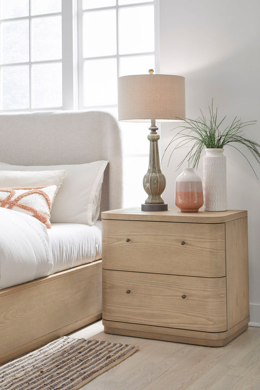 Modus Penny Two Drawer White Ash Nightstand in buff cream with sleek design and modern hardware, close-up of the stand-alone piece