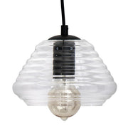 Lumi Source Torus Triangle industrial pendant light with clear glass shade, modern pendant lighting fixture, sleek and stylish design.