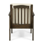 Noble House Casa Acacia wood club chair set with gray and cream water-resistant cushions, featuring two stylish outdoor chairs.