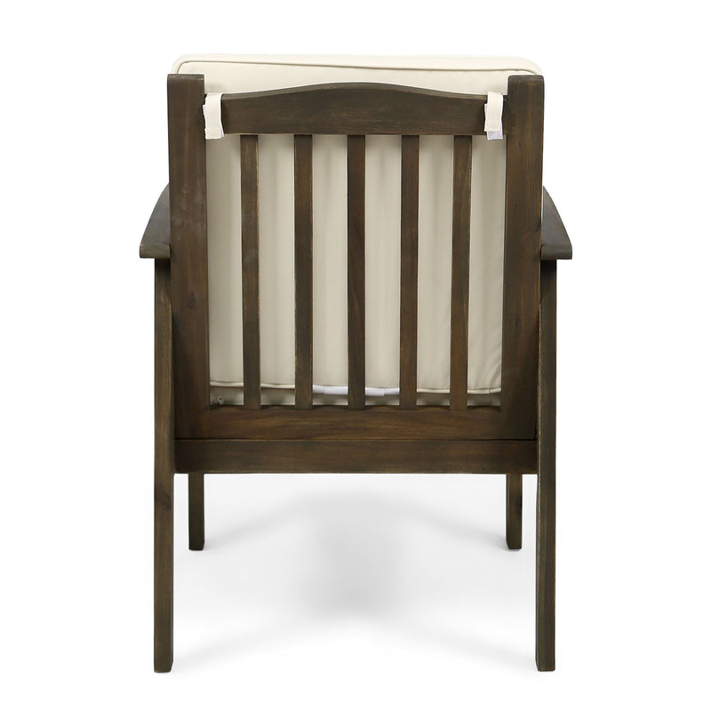 Noble House Casa Acacia wood club chair set with gray and cream water-resistant cushions, featuring two stylish outdoor chairs.