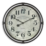 Nakul industrial wall clock by Uttermost with pearl silver finish, featuring a modern, circular design for contemporary home decor.