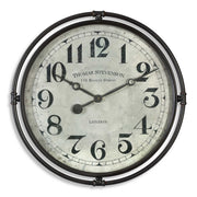 Nakul industrial wall clock by Uttermost with pearl silver finish, featuring a modern, circular design for contemporary home decor.
