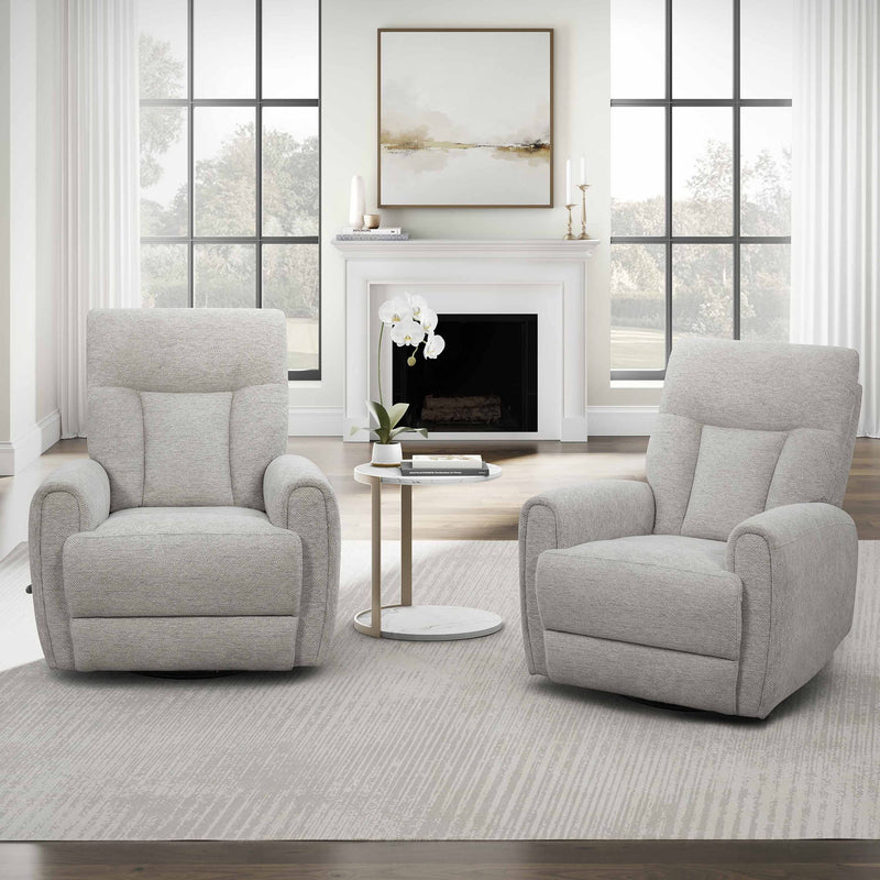 Pair of Parker Living Natalia manual swivel glider chairs with padded upholstery and wood bases, ideal for living room comfort.