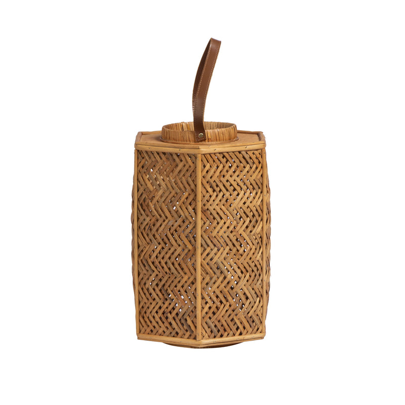 TOV Furniture Andi Rattan Lantern with woven rattan design and handle, ideal for indoor or outdoor decorative lighting.