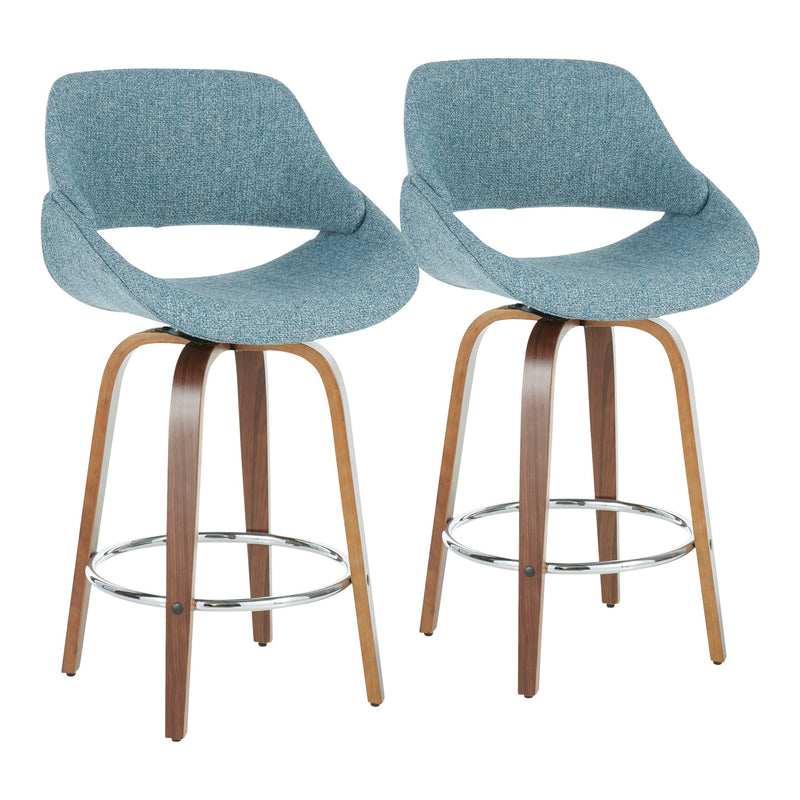 Pair of Lumi Source Fabrico mid-century modern counter stools with round footrests, fixed height and sleek designs, set of two.
