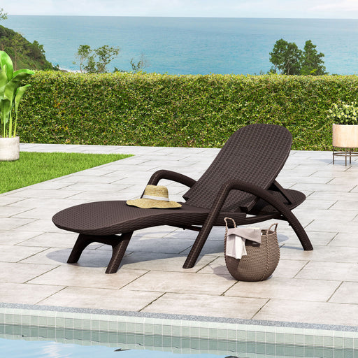 Dark brown polypropylene resin chaise lounge with handcrafted details, designed for comfortable outdoor relaxation by Noble House.
