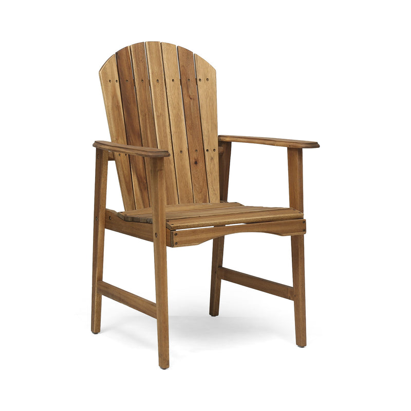 Set of two Noble House outdoor weather-resistant acacia wood Adirondack dining chairs with wide armrests and slatted backrests.