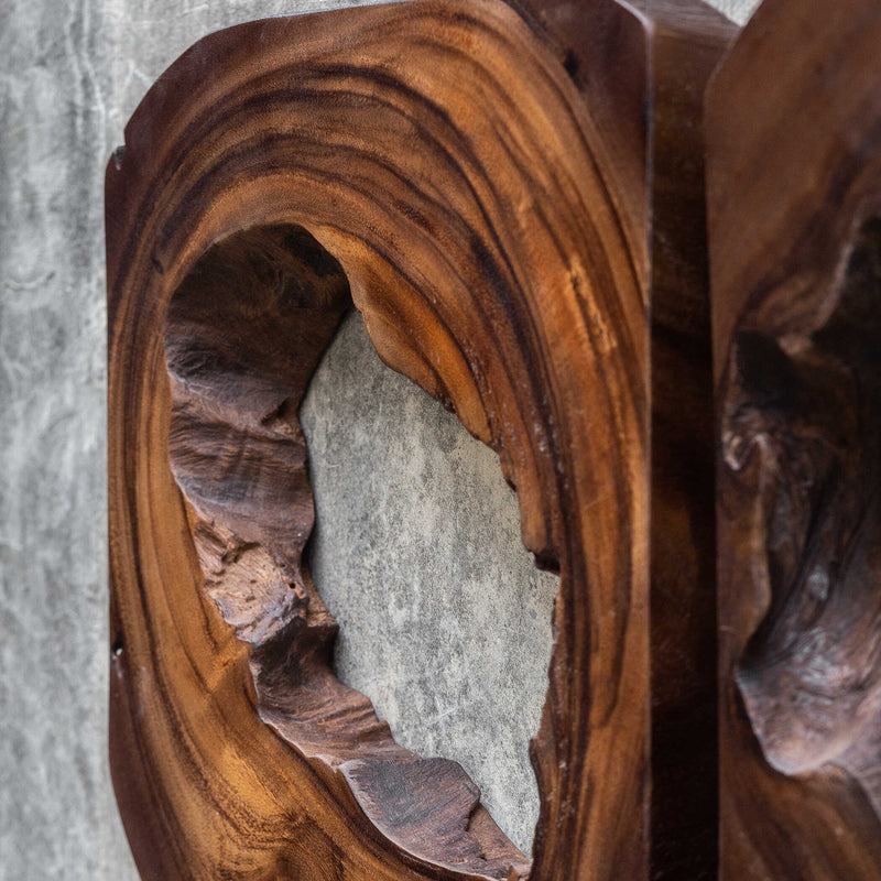 Set of six dark brown wooden wall art pieces by Uttermost, modern geometric wall decor for interior design.