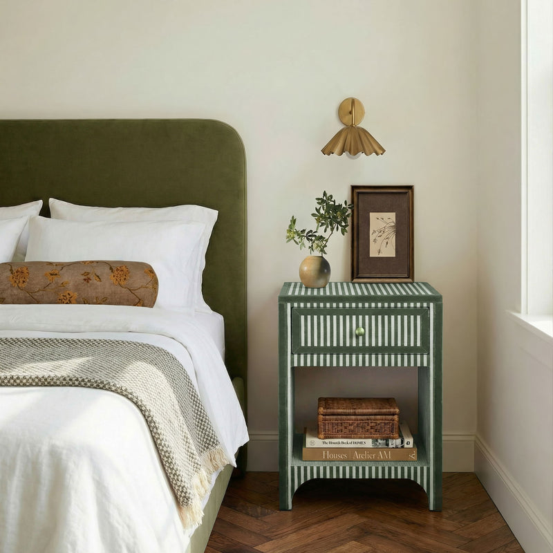 Kora cotton jute accent nightstand by TOV Furniture with a wooden top and woven jute sides, modern bedroom storage furniture.