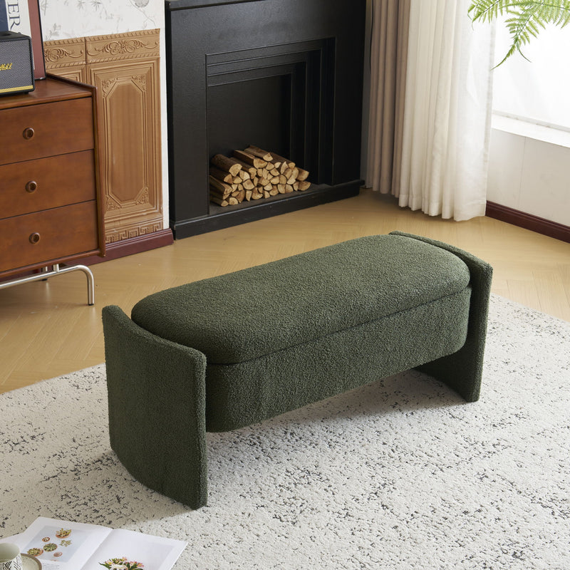 Elegant Long Shaped Storage Ottoman Bench, Boucle Material, Simple And Grand Design - Dark Green - R&R Furniture Gallery (Fountain Valley, CA)