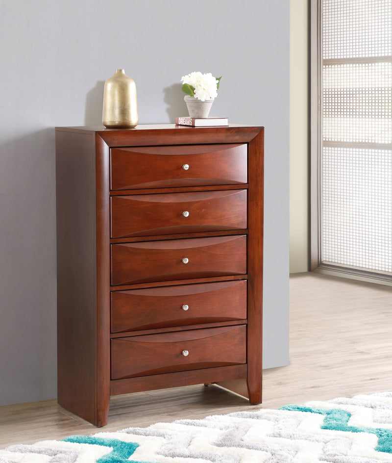 Glory Furniture Marilla Accent Chest with wooden finish, featuring multiple storage drawers and decorative hardware.