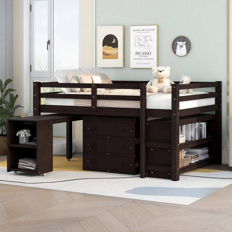 DreamHaus loft study bed with built-in cabinet, shelves, and rolling desk, featuring multifunctional design and space-saving features.