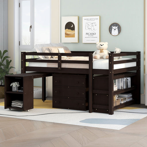 DreamHaus loft study bed with built-in cabinet, shelves, and rolling desk, featuring multifunctional design and space-saving features.