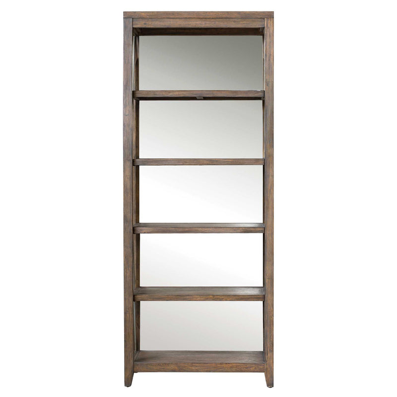 Uttermost Delancey Weathered Oak Etagere in dark brown with multiple shelves and a weathered oak finish.