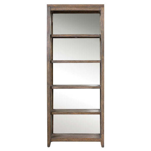 Uttermost Delancey Weathered Oak Etagere in dark brown with multiple shelves and a weathered oak finish.
