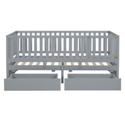DreamHaus storage daybed with fence guardrails, two drawers, and split into a floor bed and daybed, featuring a modern design.