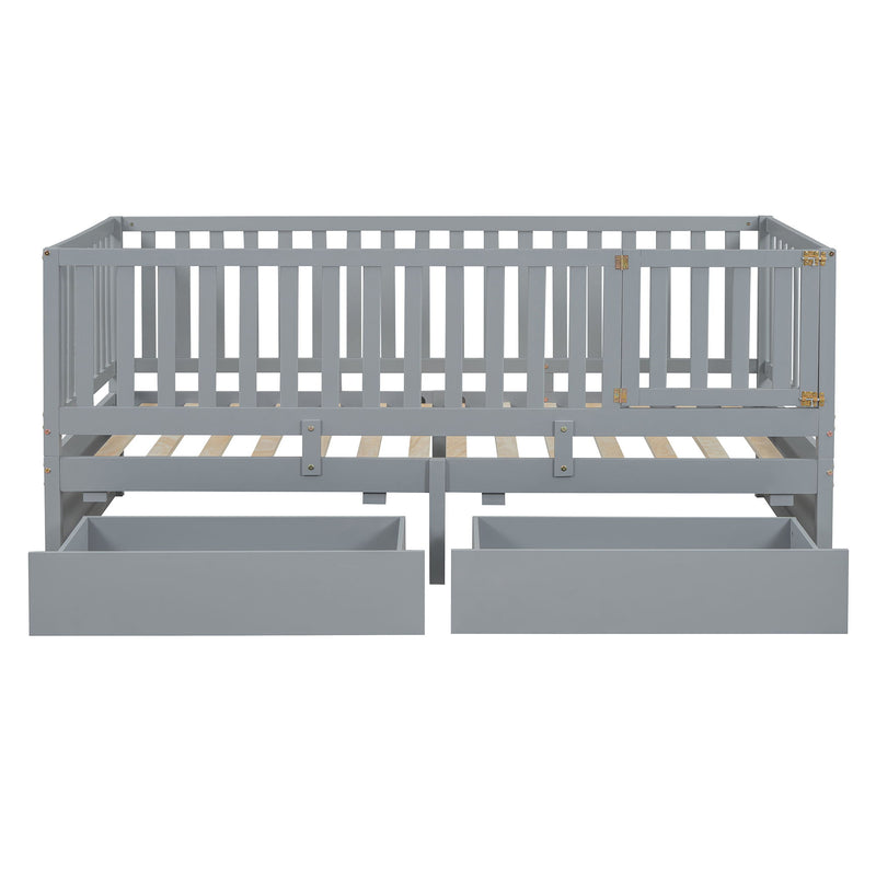 DreamHaus storage daybed with fence guardrails, two drawers, and split into a floor bed and daybed, featuring a modern design.