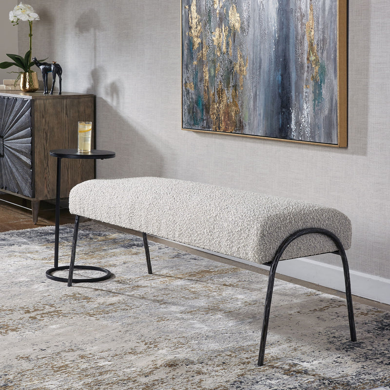 Uttermost Jacobsen modern gray upholstered bench with sleek design and cushioned seat, ideal for living room or entryway decor.