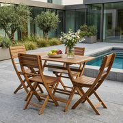 Natural 5-piece wooden outdoor patio dining set by Noble House with table and four matching chairs in stained wood finish.