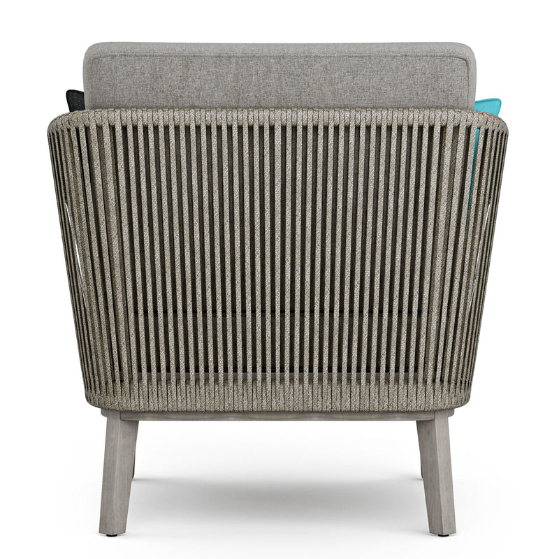 Simpli-Home Carmel outdoor arm chair in Sand Drift finish, featuring a comfortable, stylish design for outdoor conversation spaces.