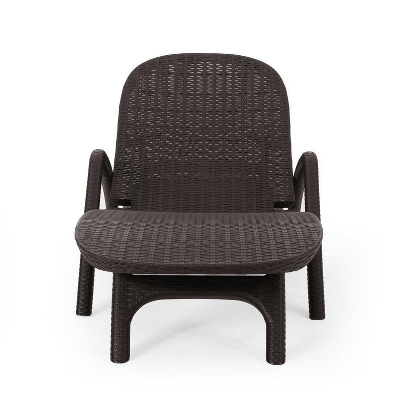 Dark brown polypropylene resin chaise lounge with handcrafted details by Noble House, featuring a stylish and comfortable outdoor seating design.