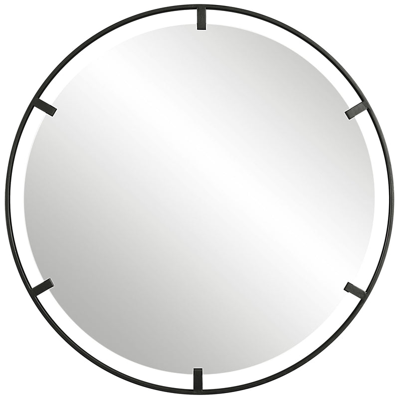 Round black iron accent mirror by Uttermost with a simple, modern design for stylish wall decor.