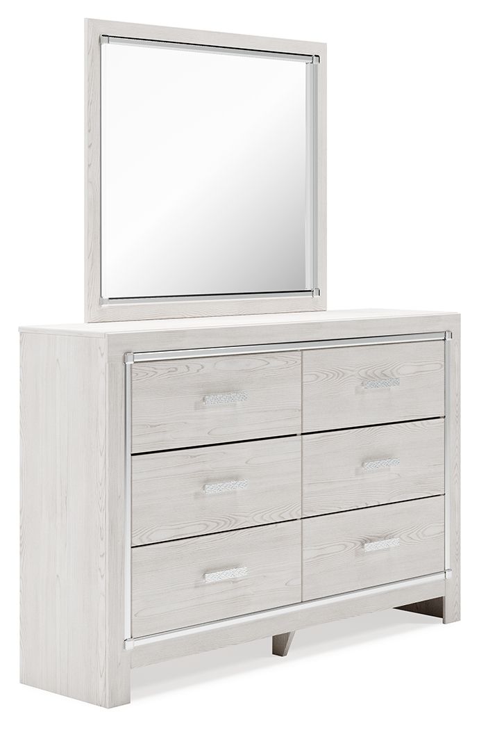 Signature Design by Ashley Altyra 7-piece bedroom set with bookcase, dresser, mirror, nightstands, and bed frame in a modern bedroom setting.