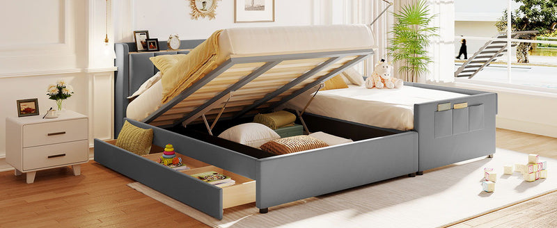 Upholstered Mother & Child Bed With Hydraulic Storage System, Drawer Box, Bedhead Storage Shelf And 2 Pairs Of Sockets & USB Ports - R&R Furniture Gallery (Fountain Valley, CA)