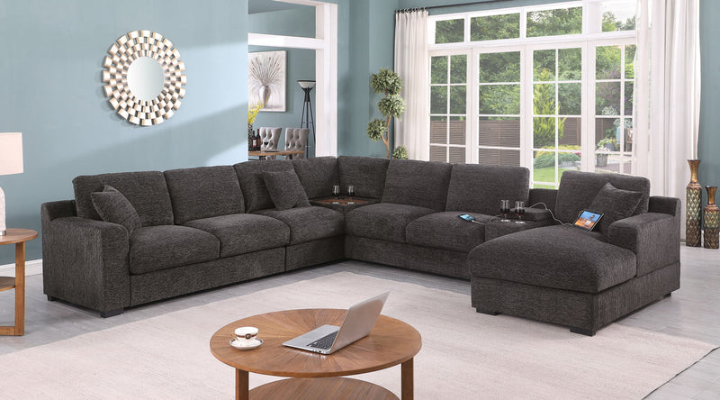 Celine - Corner Sectional Sofa With Right Facing Chaise, Cupholders, And Charging Ports - Gray - R&R Furniture Gallery (Fountain Valley, CA)